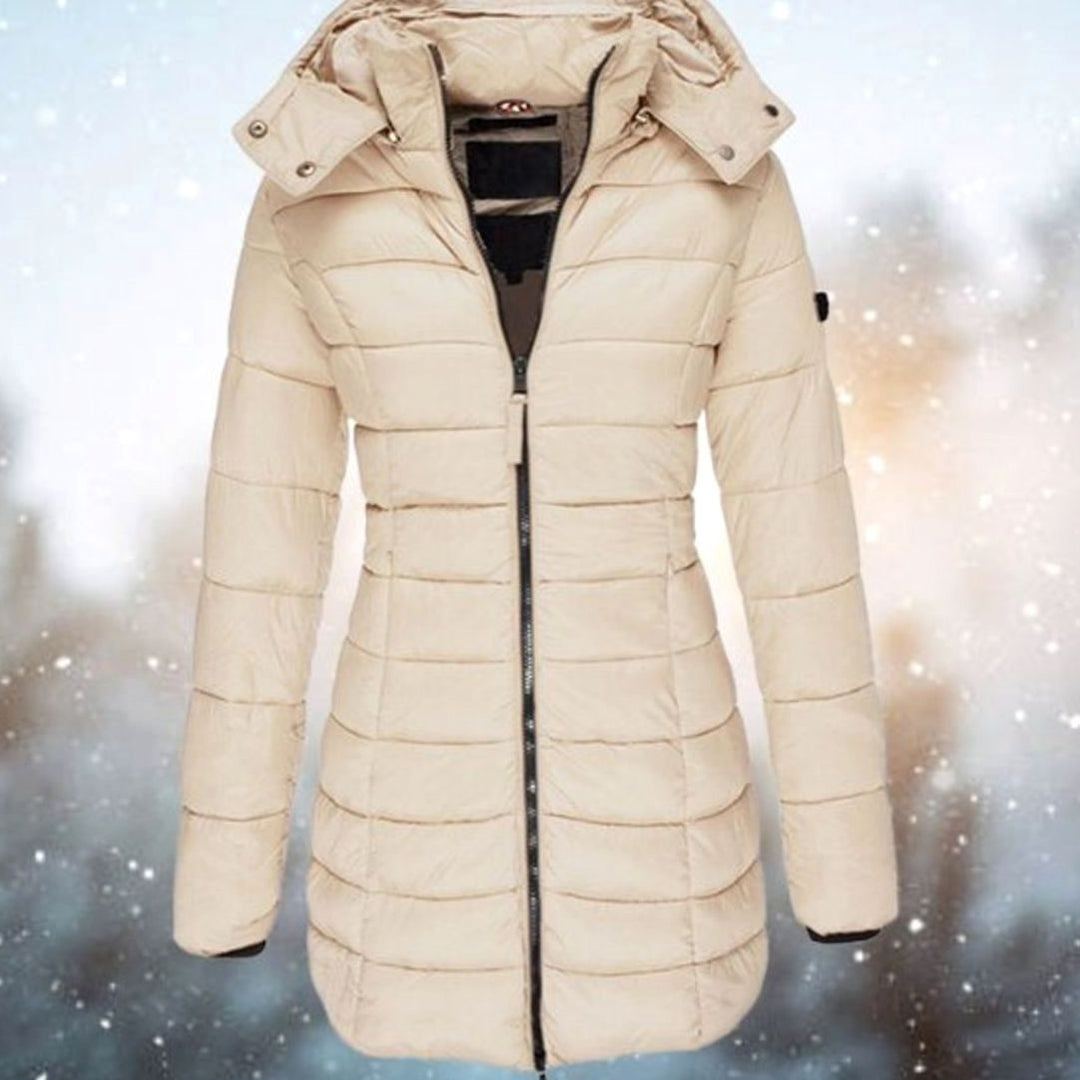 Women's Longline Hooded Quilted Puffer Jacket - Khaki