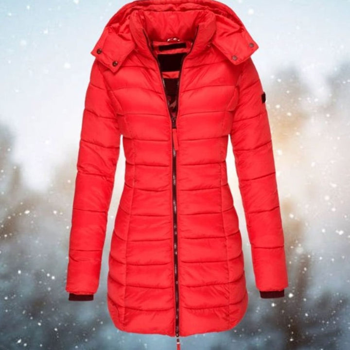 Women's Longline Hooded Quilted Puffer Jacket - Red