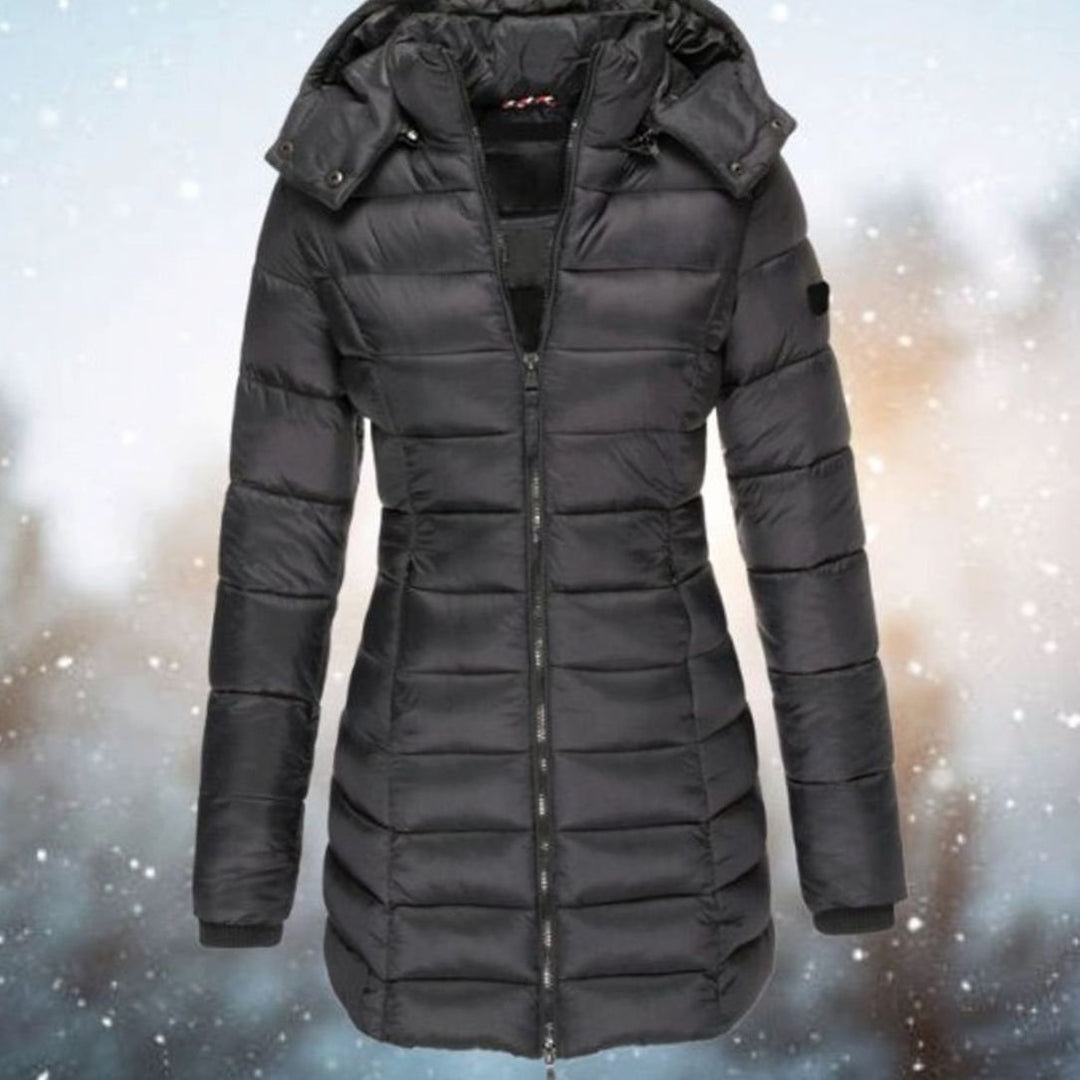 Women's Longline Hooded Quilted Puffer Jacket - Black
