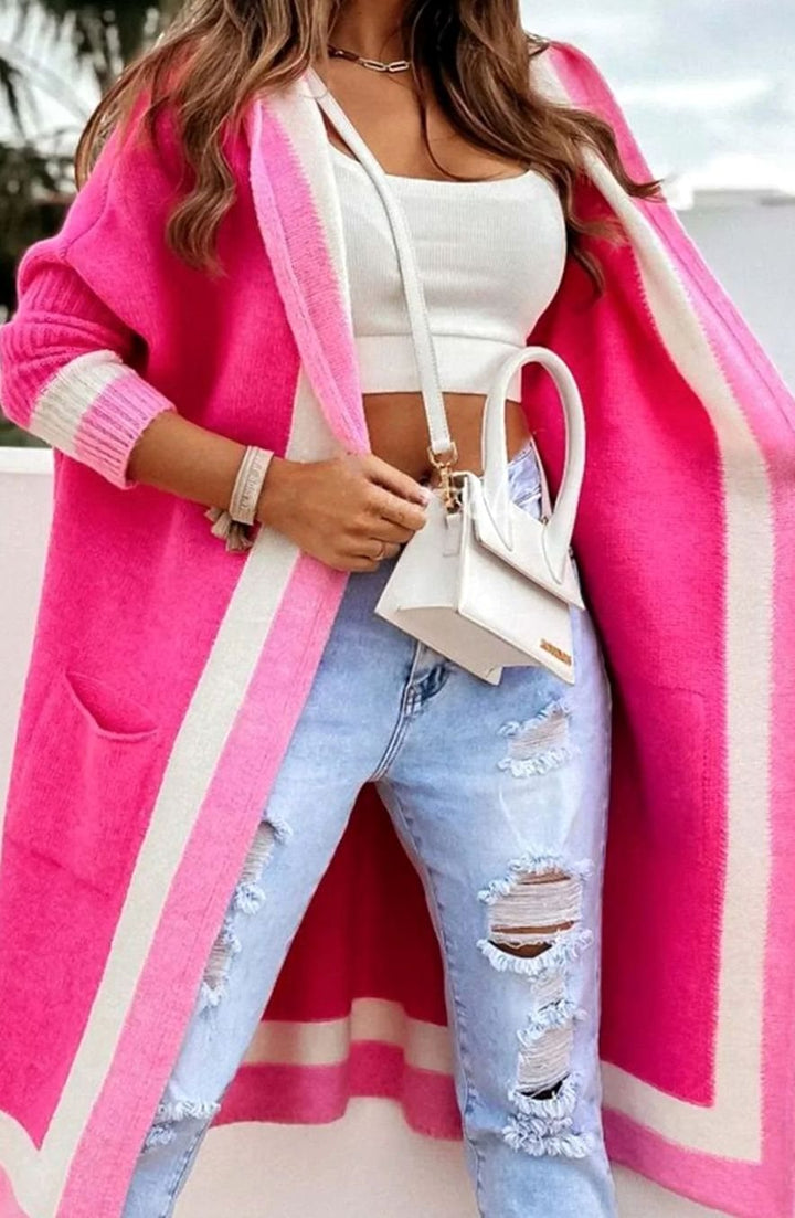 Women's Longline Open Front Oversized Knit Cardigan Contrast Stripe