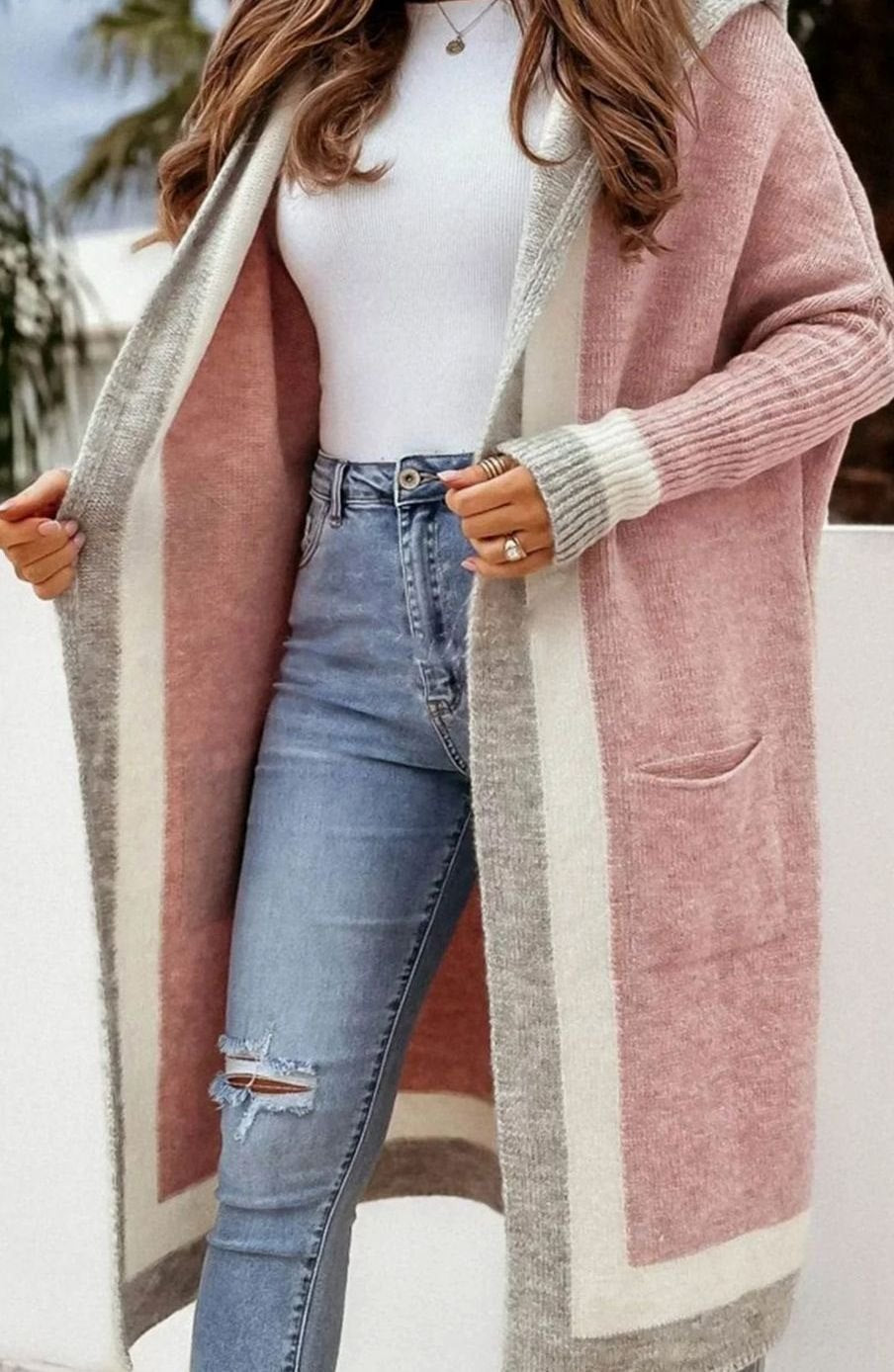 Women's Longline Open Front Oversized Knit Cardigan Contrast Stripe