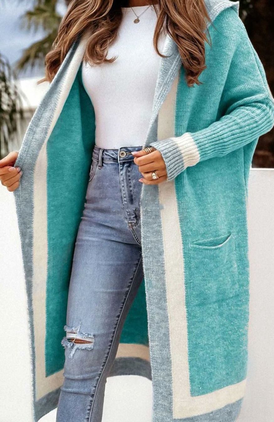 Women's Longline Open Front Oversized Knit Cardigan Contrast Stripe