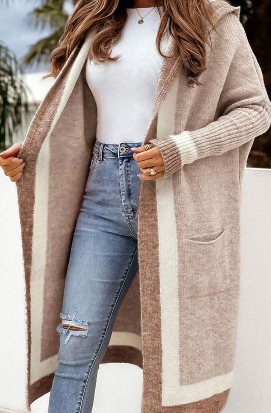 Women's Longline Open Front Oversized Knit Cardigan Contrast Stripe