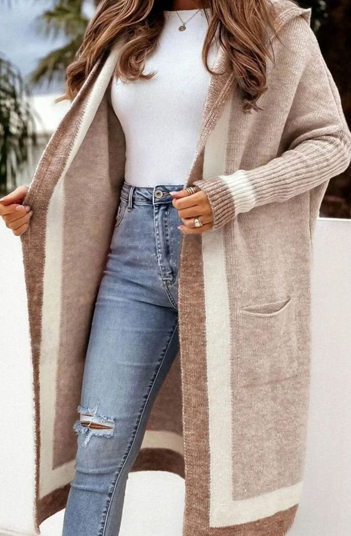 Women's Longline Open Front Oversized Knit Cardigan Contrast Stripe