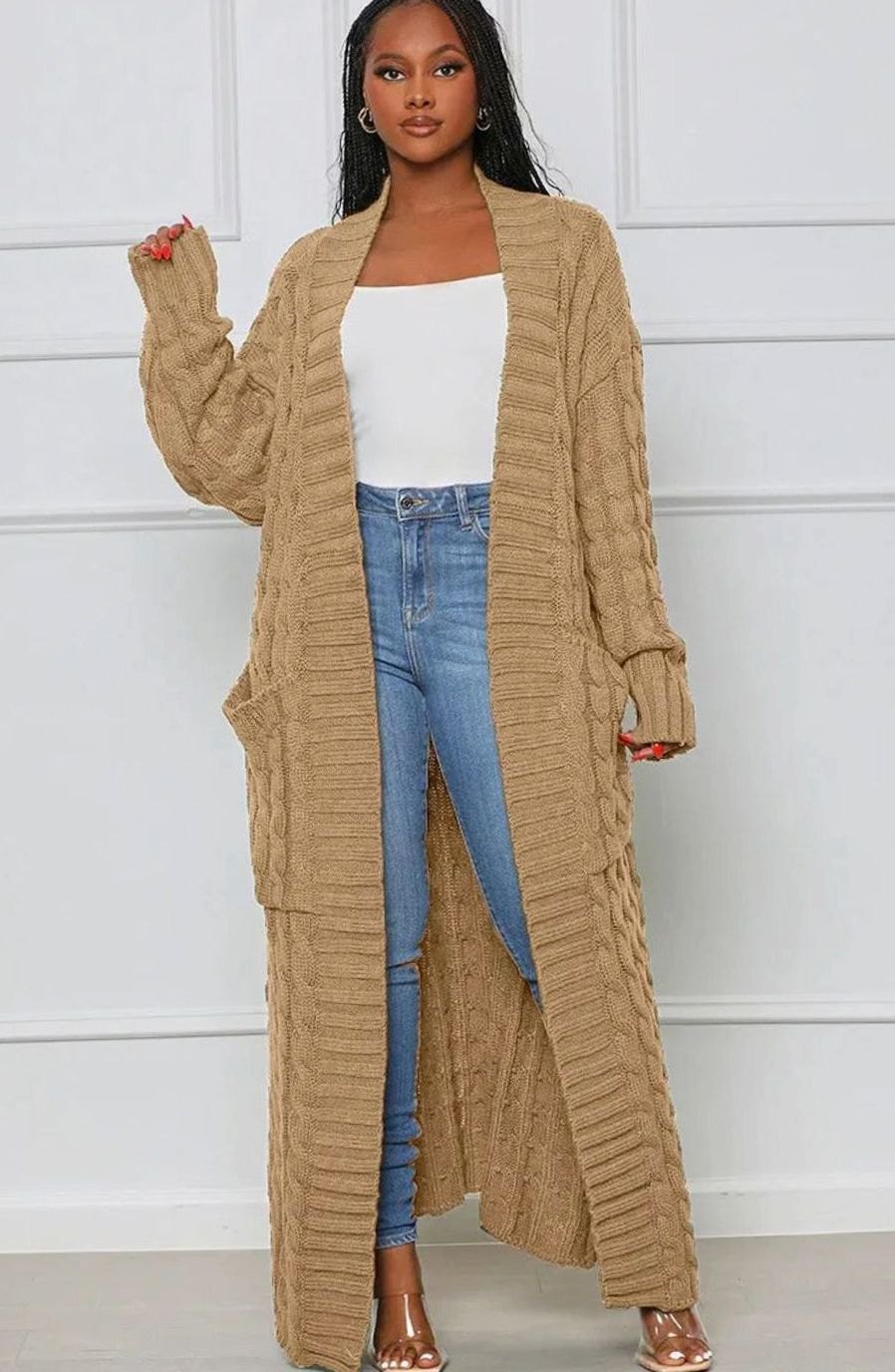 Women's Longline Oversized Knit Cardigan Open Front Ribbed Sweater