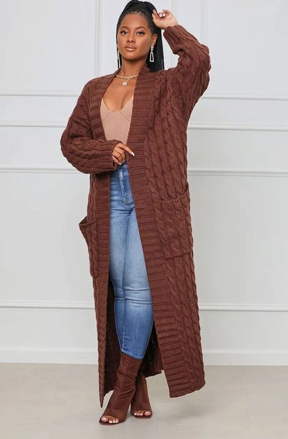 Women's Longline Oversized Knit Cardigan Open Front Ribbed Sweater