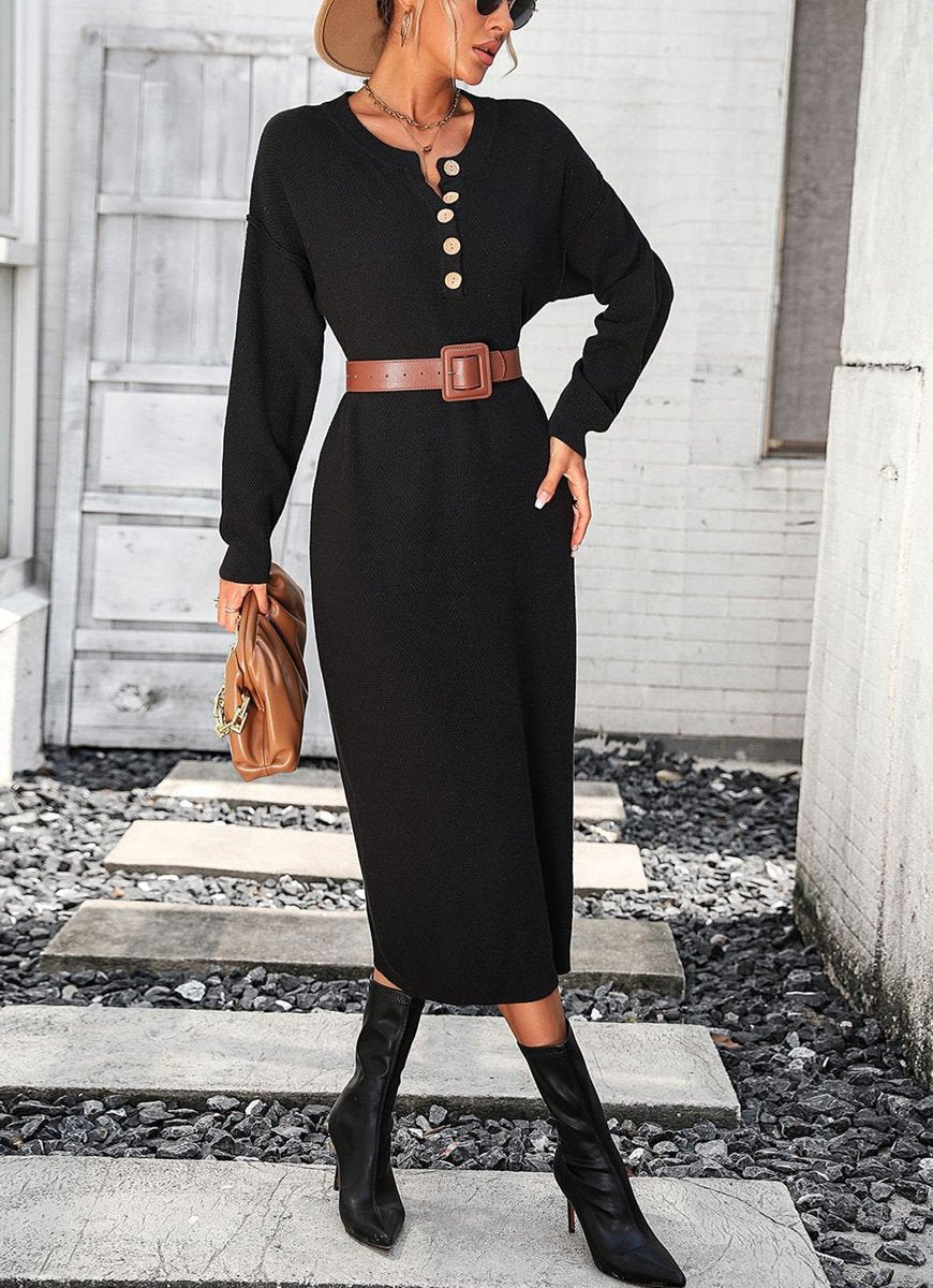 Women's Longline Relaxed-Fit Long-Sleeve Knitted Dress