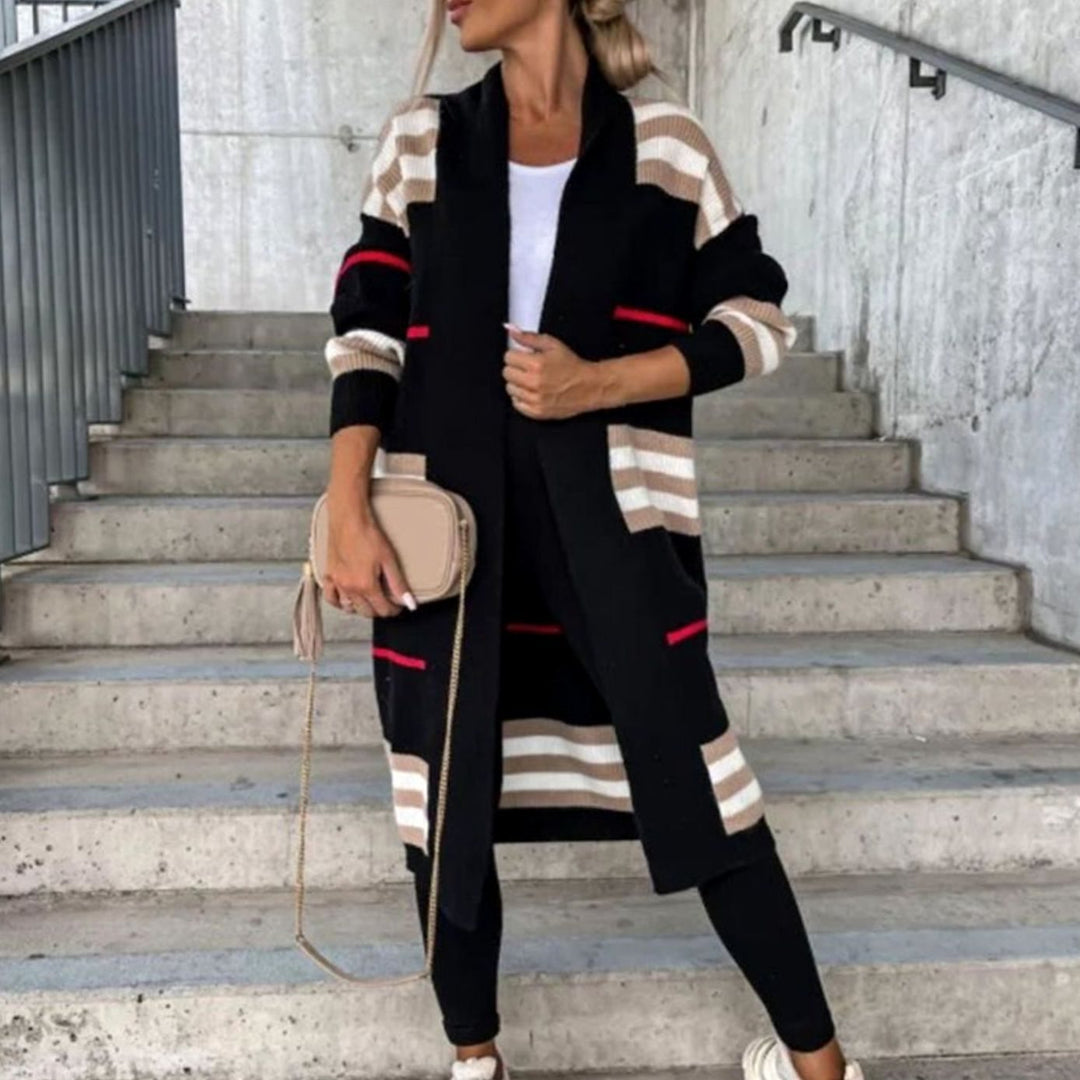 Women's Longline Striped Oversized Knit Cardigan Open Front