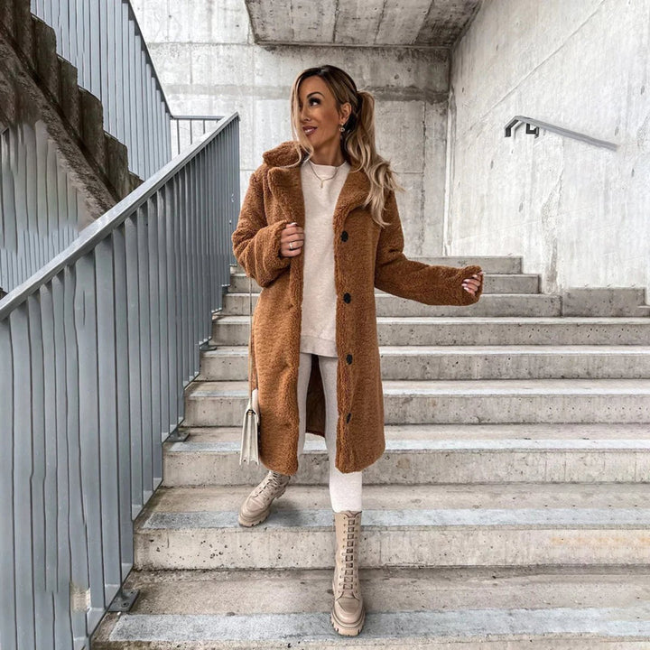 Women's Longline Teddy Faux Fur Coat Button-Front Oversized