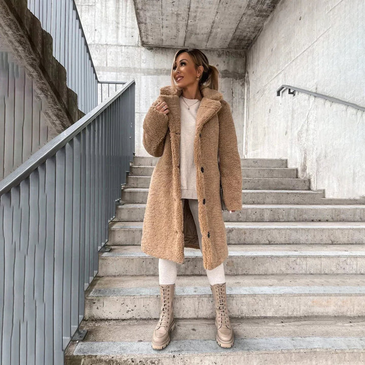 Women's Longline Teddy Faux Fur Coat Button-Front Oversized