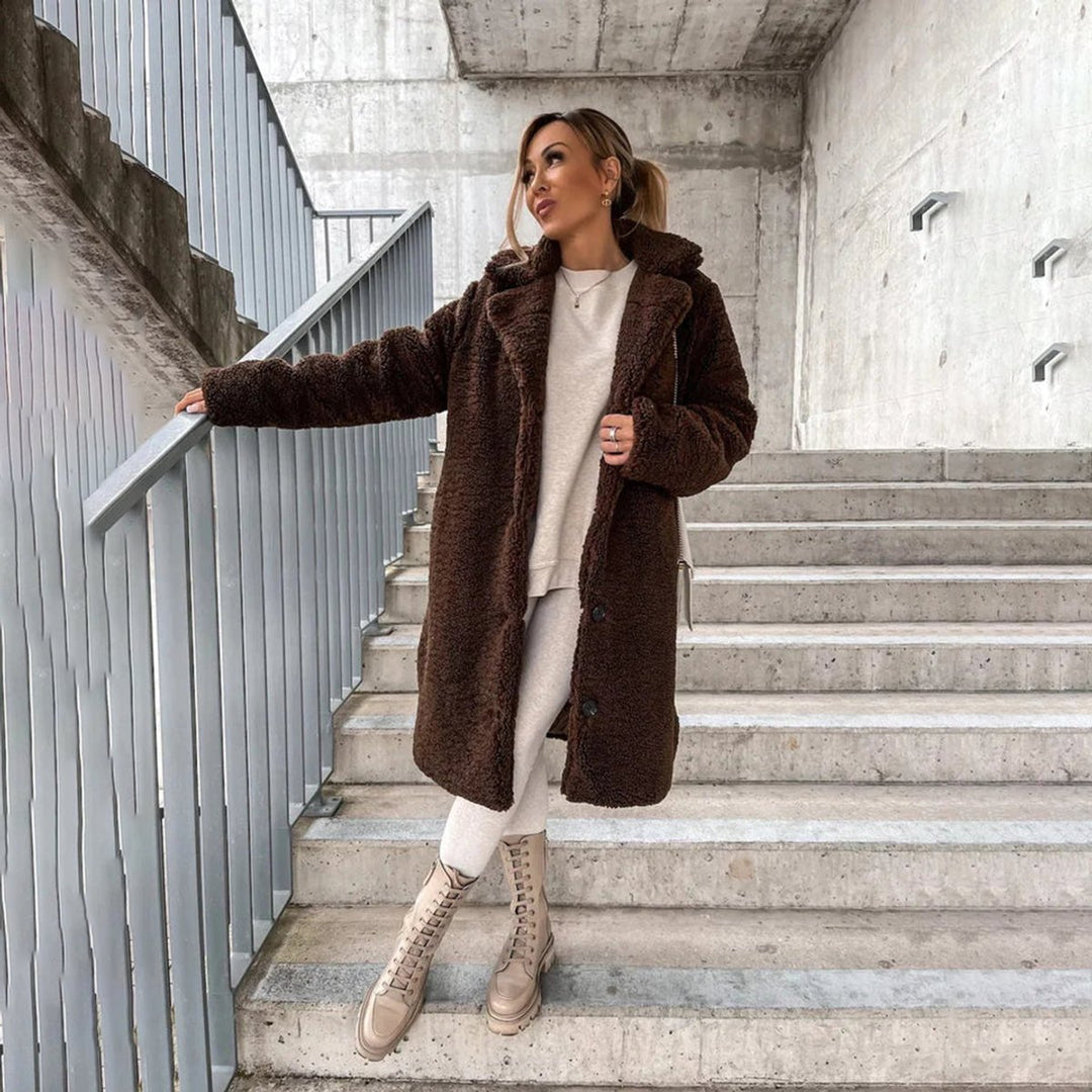 Women's Longline Teddy Faux Fur Coat Button-Front Oversized