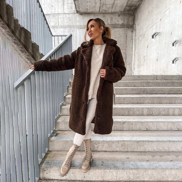 Women's Longline Teddy Faux Fur Coat Button-Front Oversized