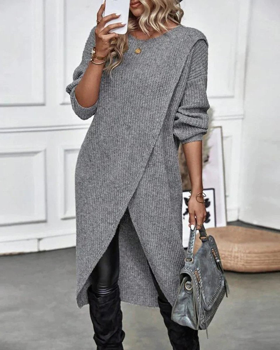 Women's Longline Wrap-Front Long-Sleeve Knitted Dress