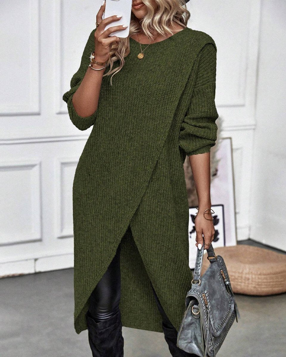 Women's Longline Wrap-Front Long-Sleeve Knitted Dress