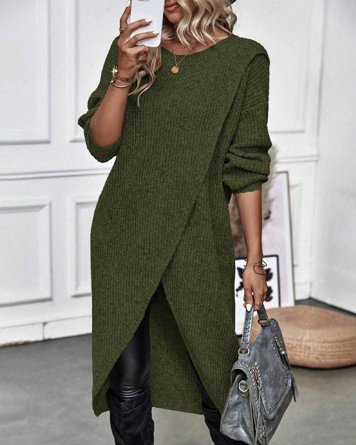 Women's Longline Wrap-Front Long-Sleeve Knitted Dress