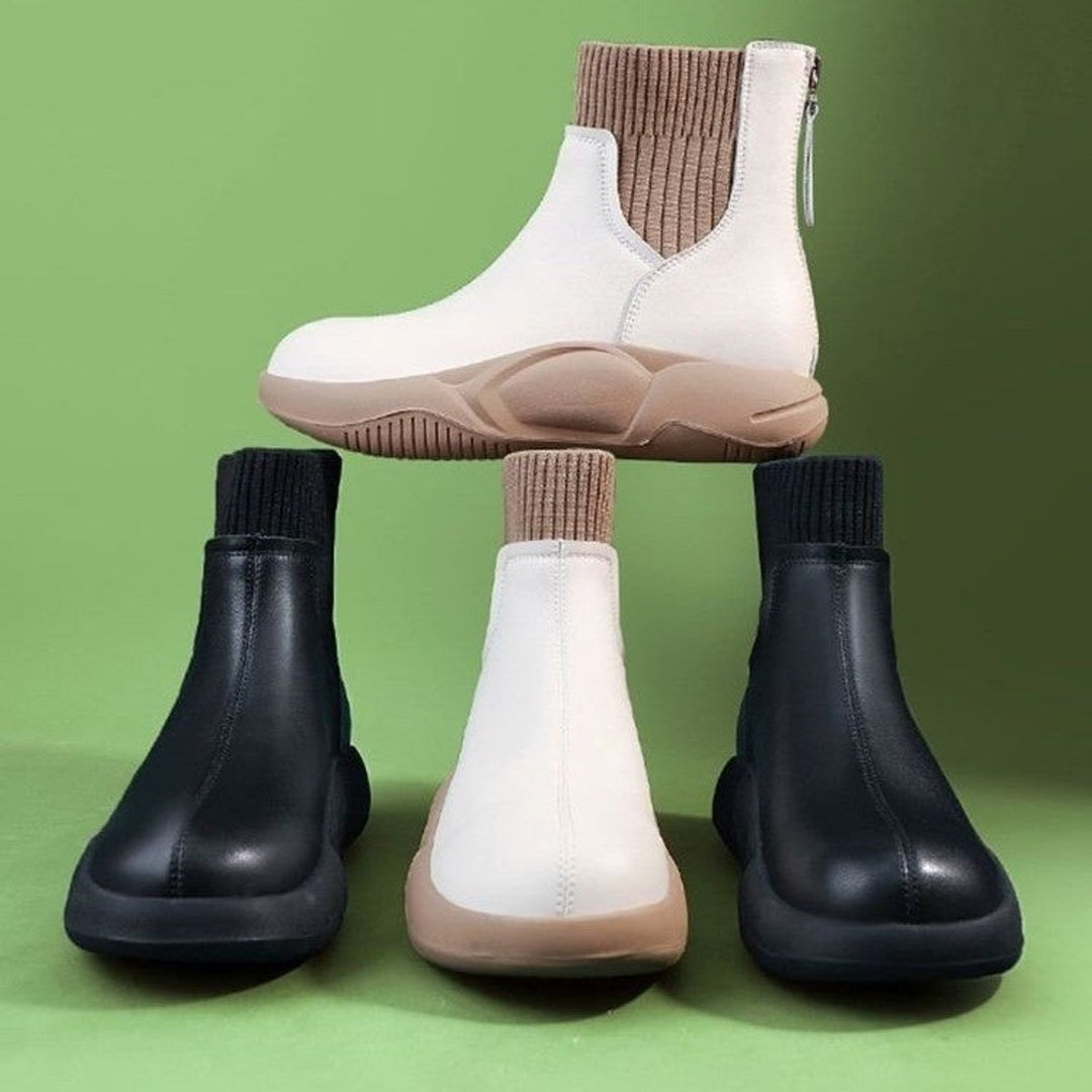 Women's Low-Heel Knit-Cuff Ankle Heeled Boots Zip-Back