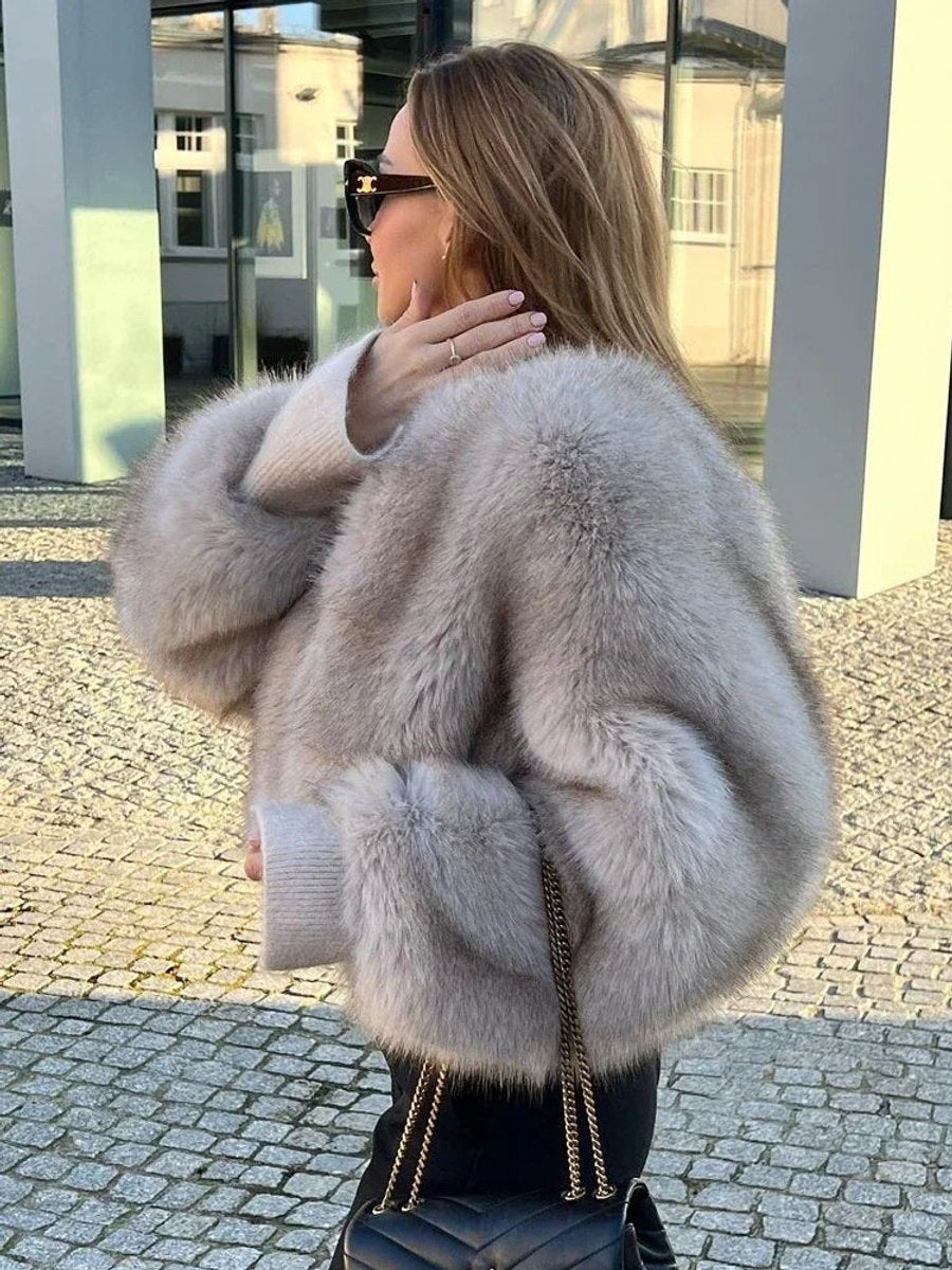 Women's Luxury Fluffy Faux Fur Coat Cropped Bomber Jacket