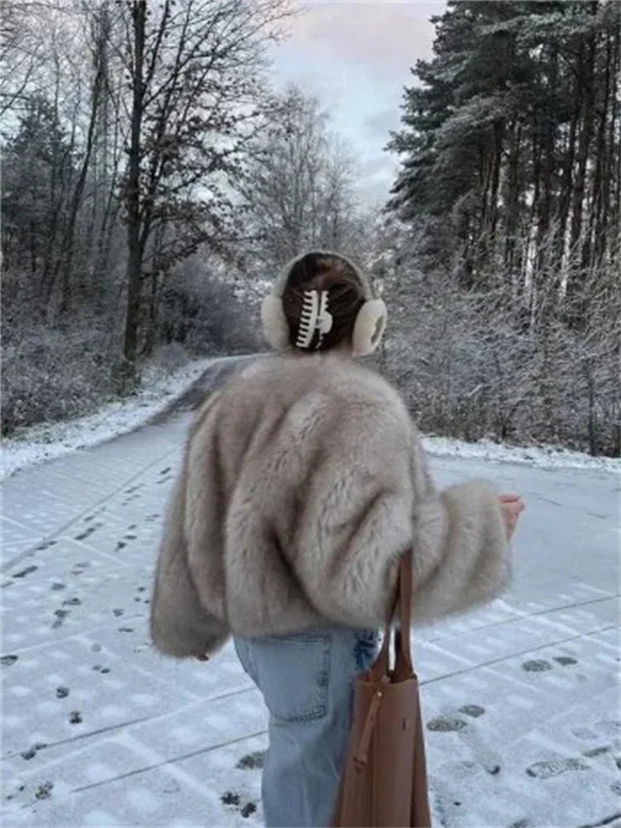 Women's Luxury Fluffy Faux Fur Coat Cropped Bomber Jacket