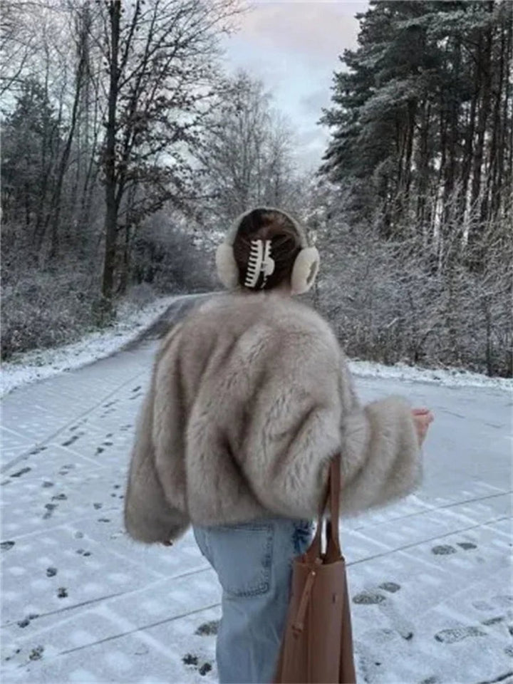 Women's Luxury Fluffy Faux Fur Coat Cropped Bomber Jacket
