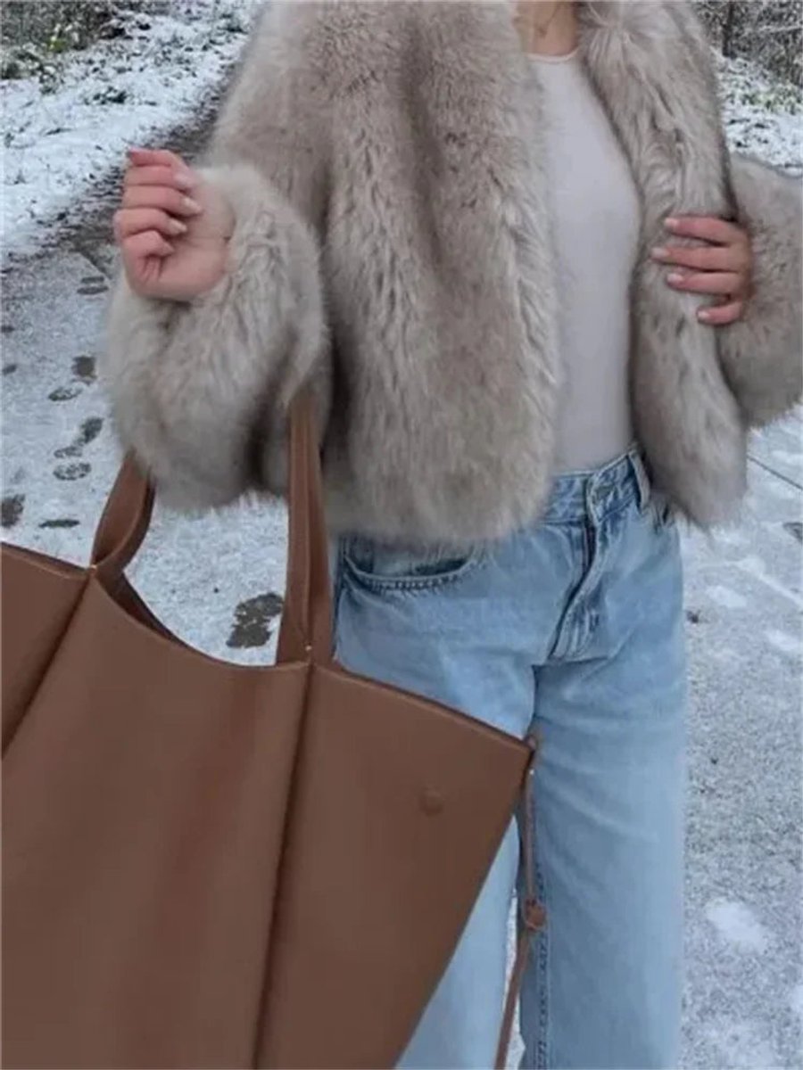 Women's Luxury Fluffy Faux Fur Coat Cropped Bomber Jacket