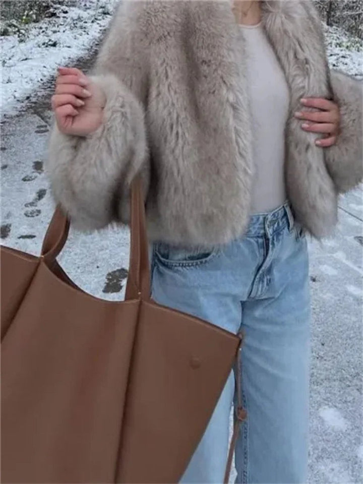 Women's Luxury Fluffy Faux Fur Coat Cropped Bomber Jacket