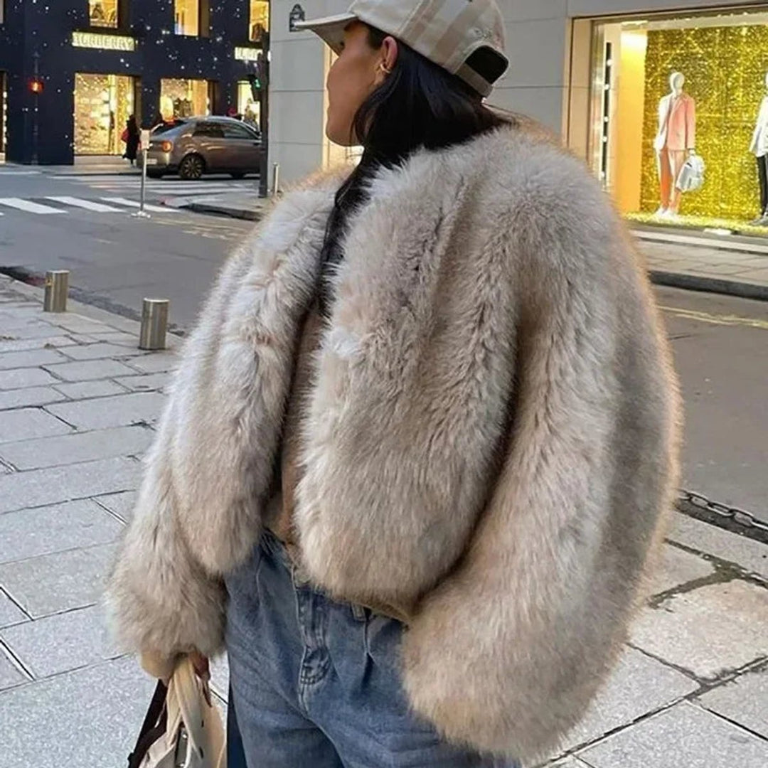Women's Luxury Fluffy Faux Fur Coat Cropped Bomber Jacket