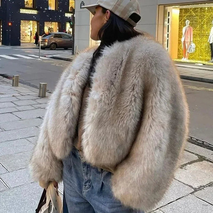 Women's Luxury Fluffy Faux Fur Coat Cropped Bomber Jacket