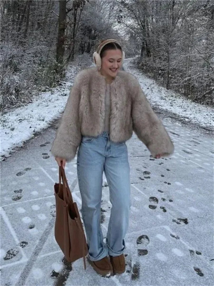 Women's Luxury Fluffy Faux Fur Coat Cropped Bomber Jacket