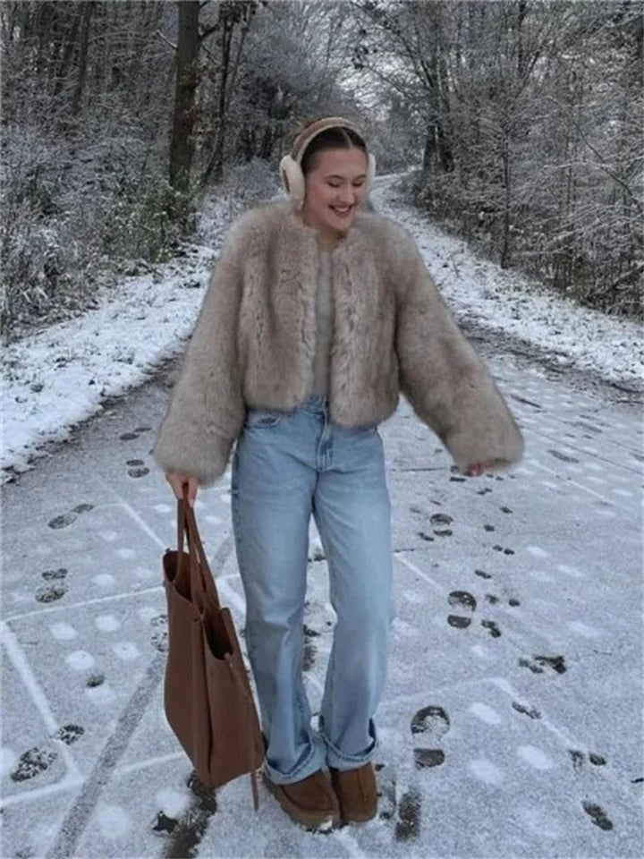 Women's Luxury Fluffy Faux Fur Coat Cropped Bomber Jacket