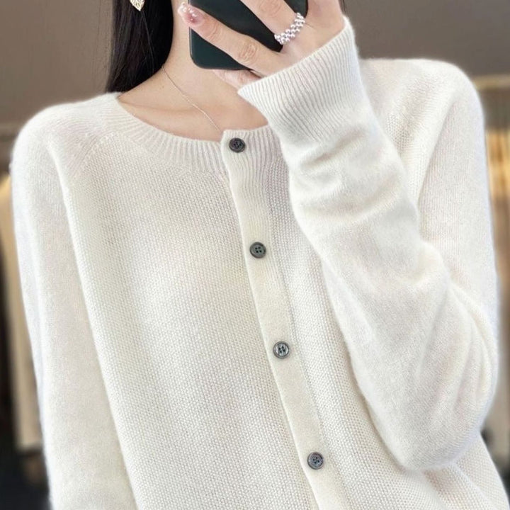 Women's Merino Wool Oversized Knit Cardigan Round Neck Button Front