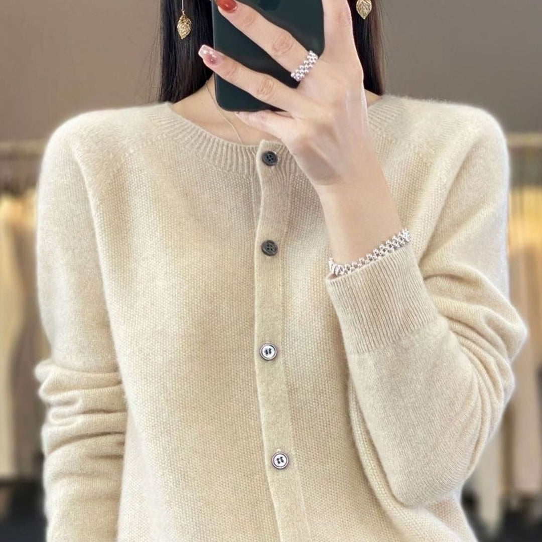 Women's Merino Wool Oversized Knit Cardigan Round Neck Button Front