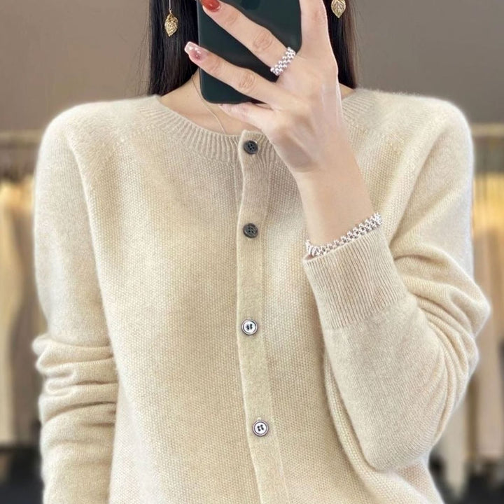 Women's Merino Wool Oversized Knit Cardigan Round Neck Button Front
