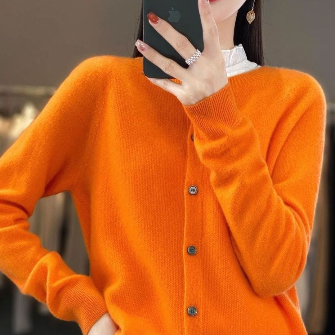 Women's Merino Wool Oversized Knit Cardigan Round Neck Button Front