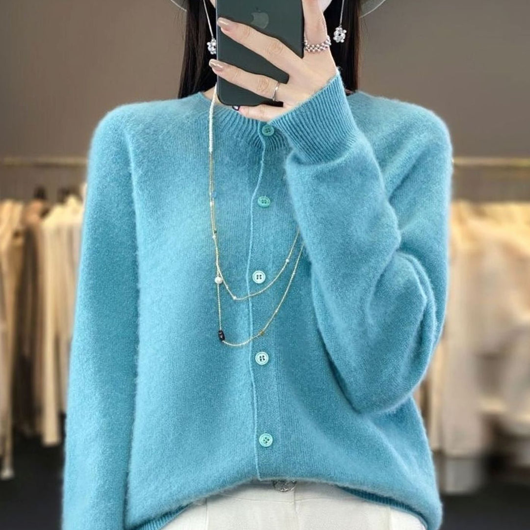 Women's Merino Wool Oversized Knit Cardigan Round Neck Button Front