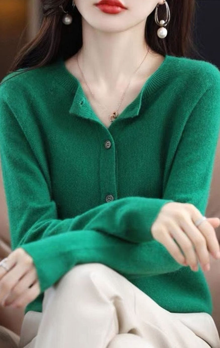 Women's Merino Wool Oversized Knit Cardigan Round Neck Button Front