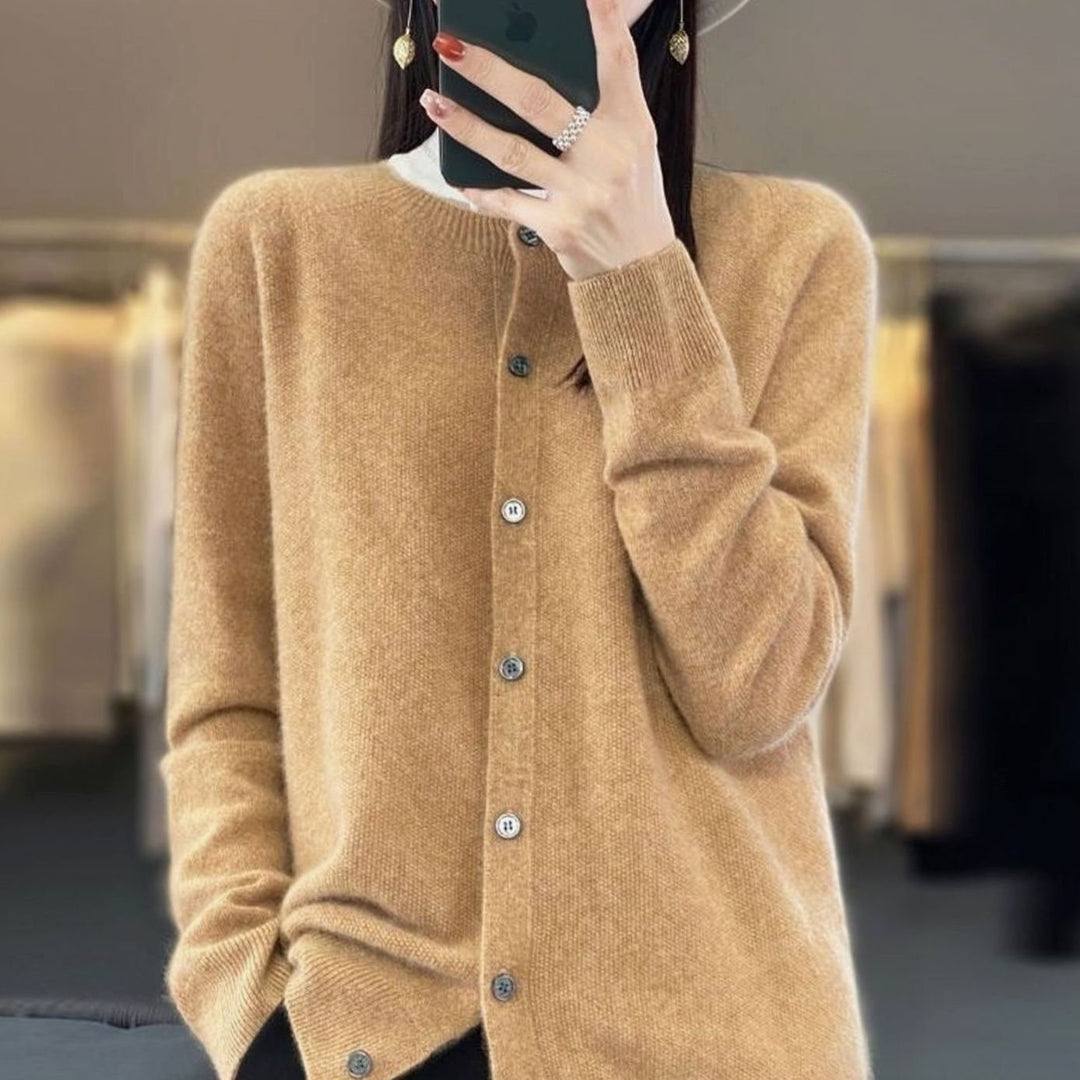 Women's Merino Wool Oversized Knit Cardigan Round Neck Button Front