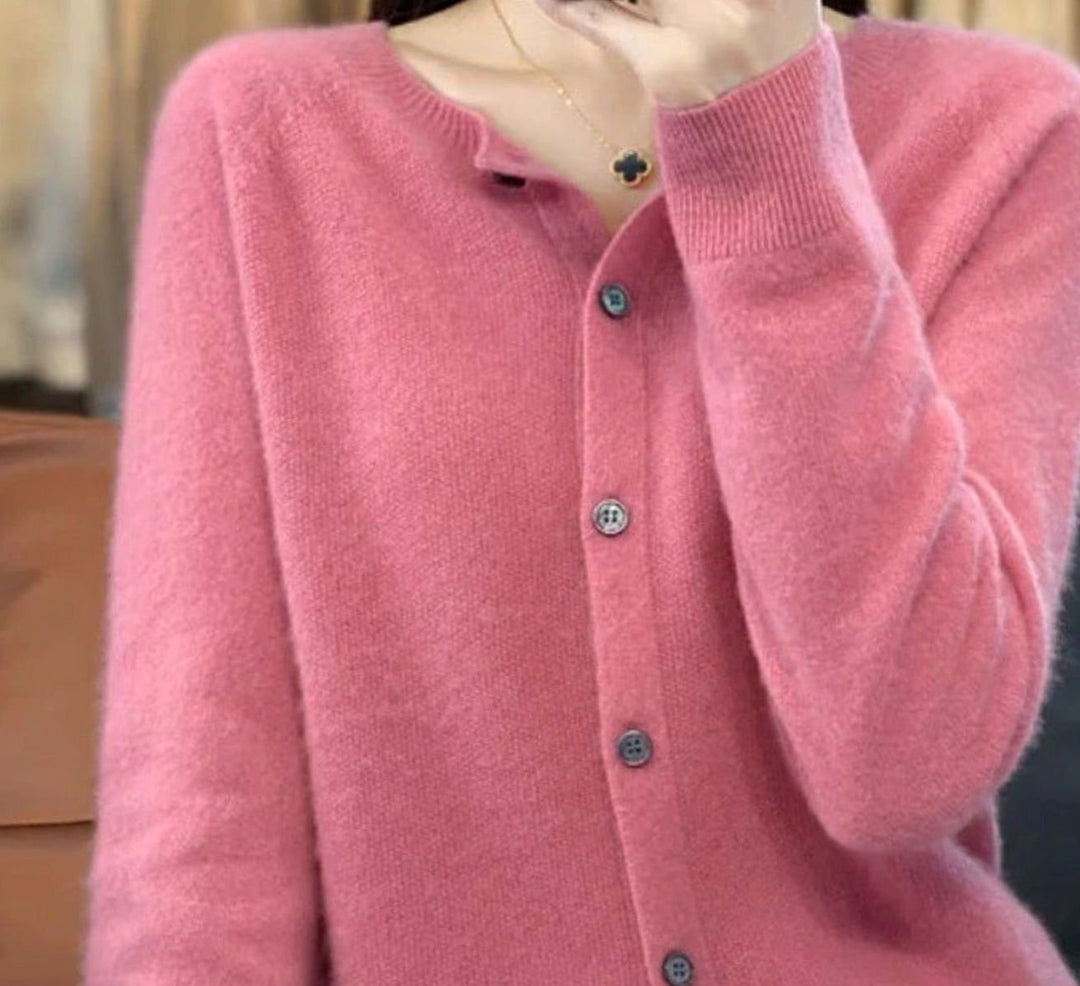 Women's Merino Wool Oversized Knit Cardigan Round Neck Button Front