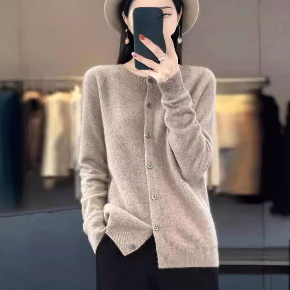 Women's Merino Wool Oversized Knit Cardigan Round Neck Button Front