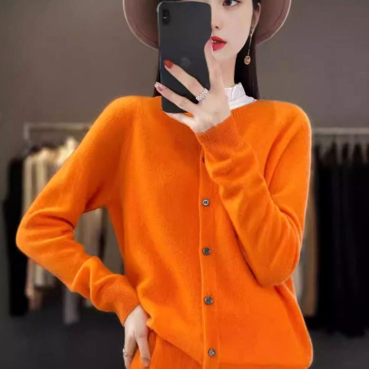 Women's Merino Wool Oversized Knit Cardigan Round Neck Button Front