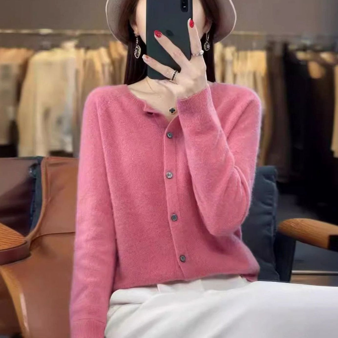 Women's Merino Wool Oversized Knit Cardigan Round Neck Button Front