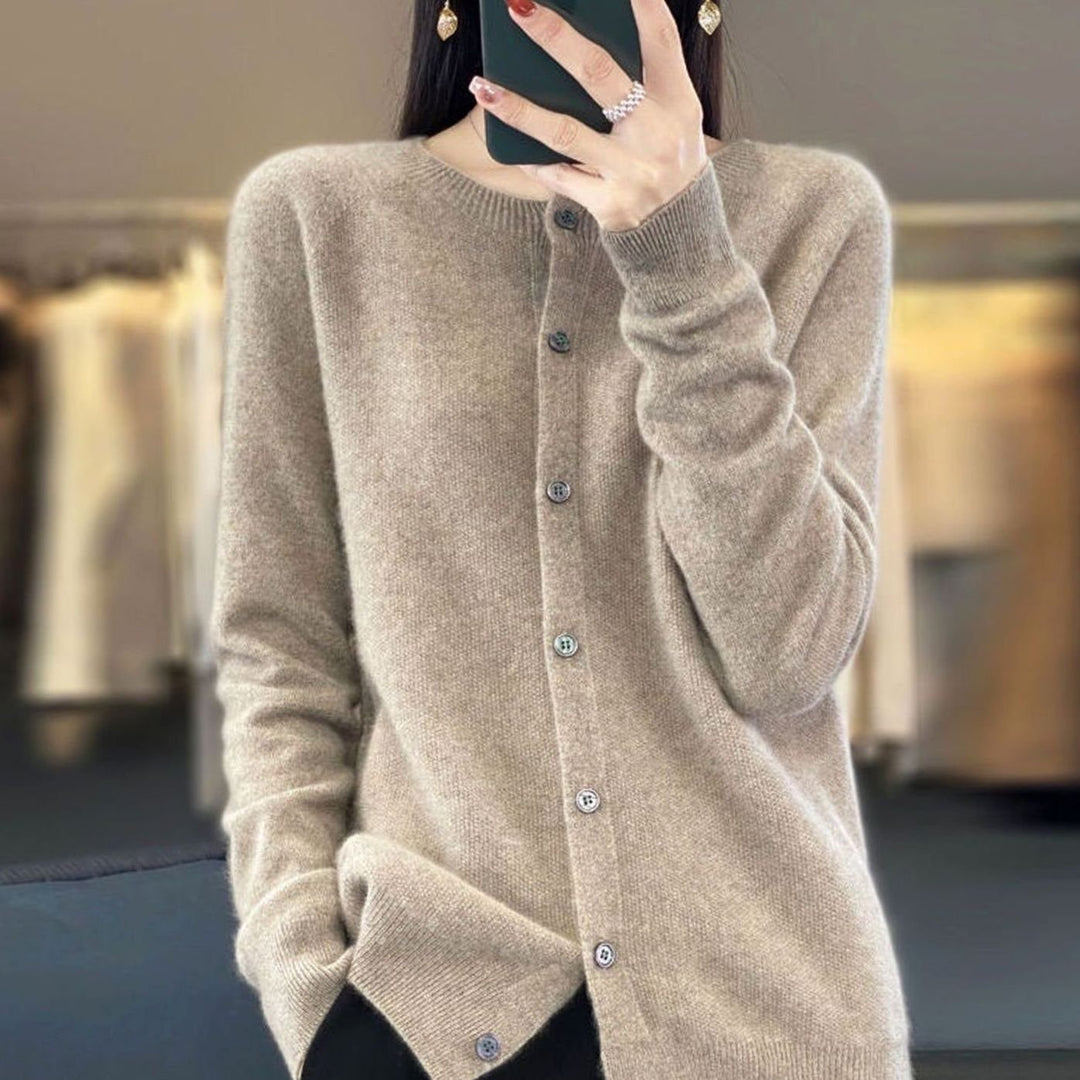 Women's Merino Wool Oversized Knit Cardigan Round Neck Button Front