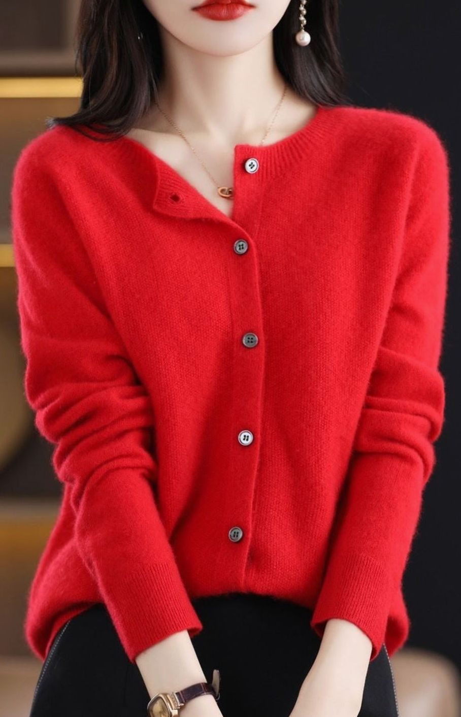Women's Merino Wool Oversized Knit Cardigan Round Neck Button Front