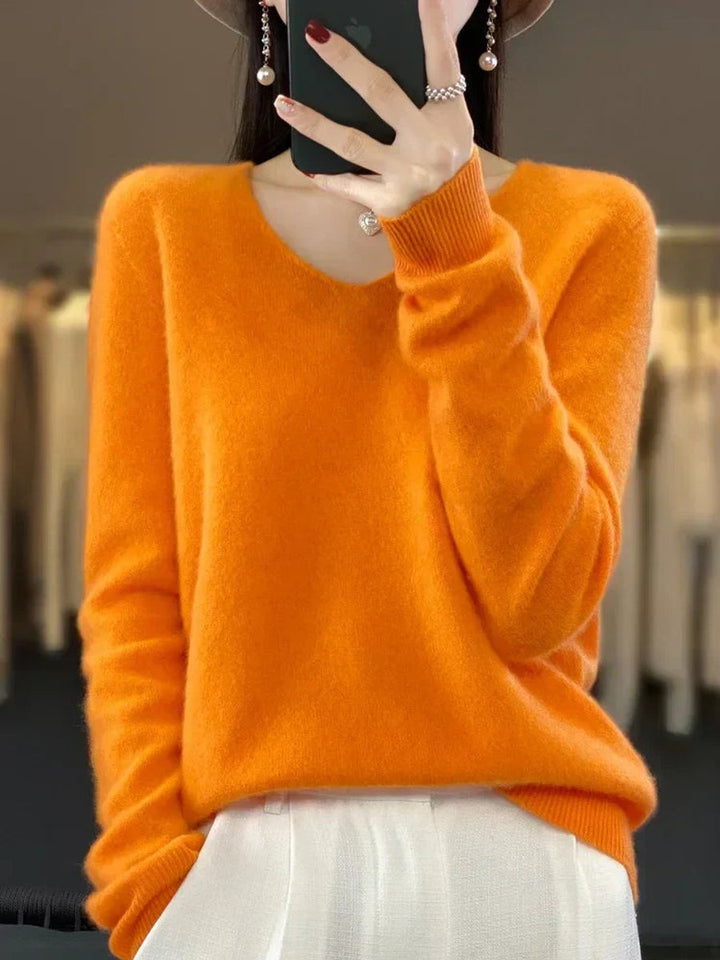 Women's Merino Wool V-Neck Long Sleeve Knitted Sweater