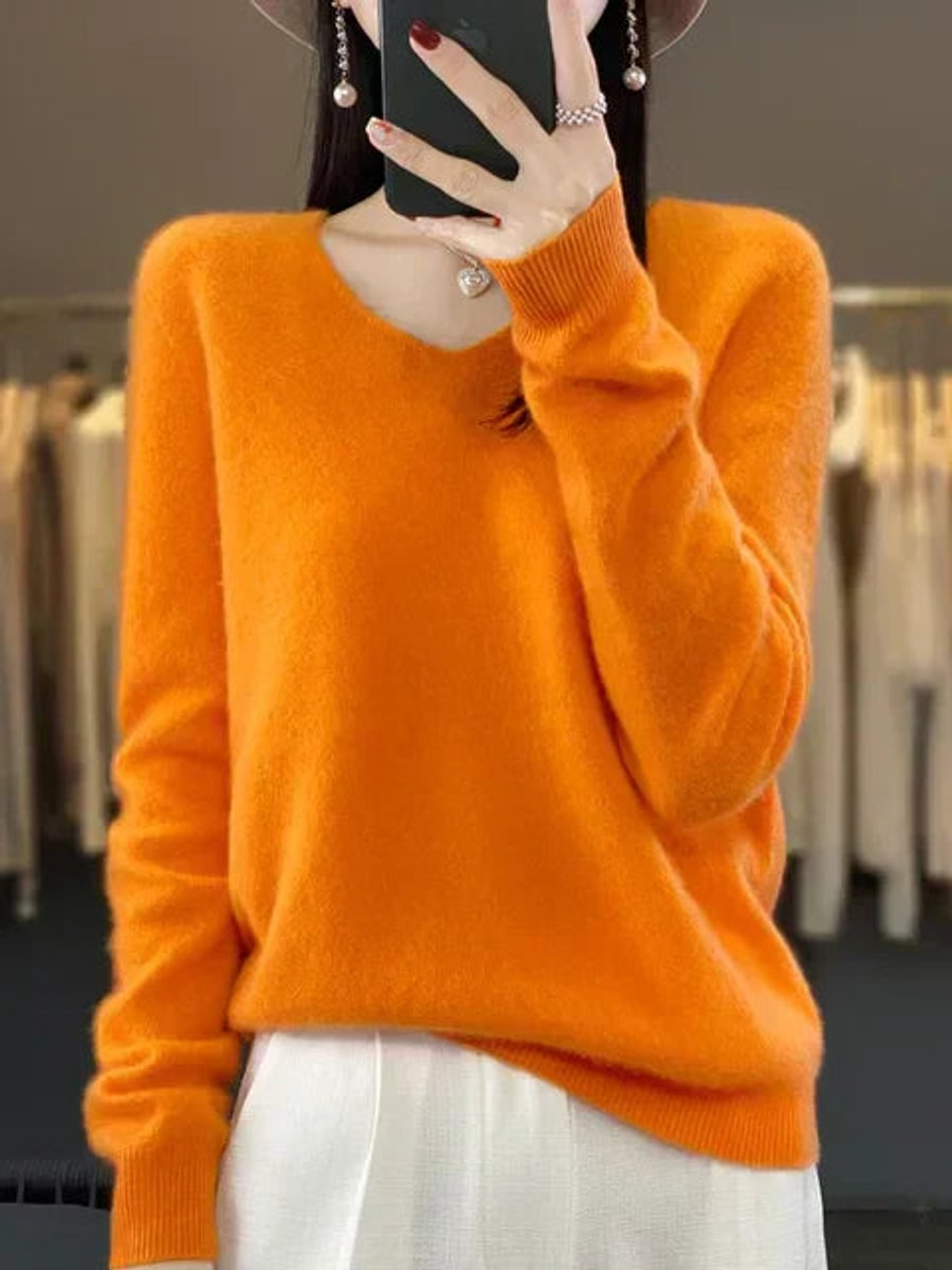 Women's Merino Wool V-Neck Long Sleeve Knitted Sweater