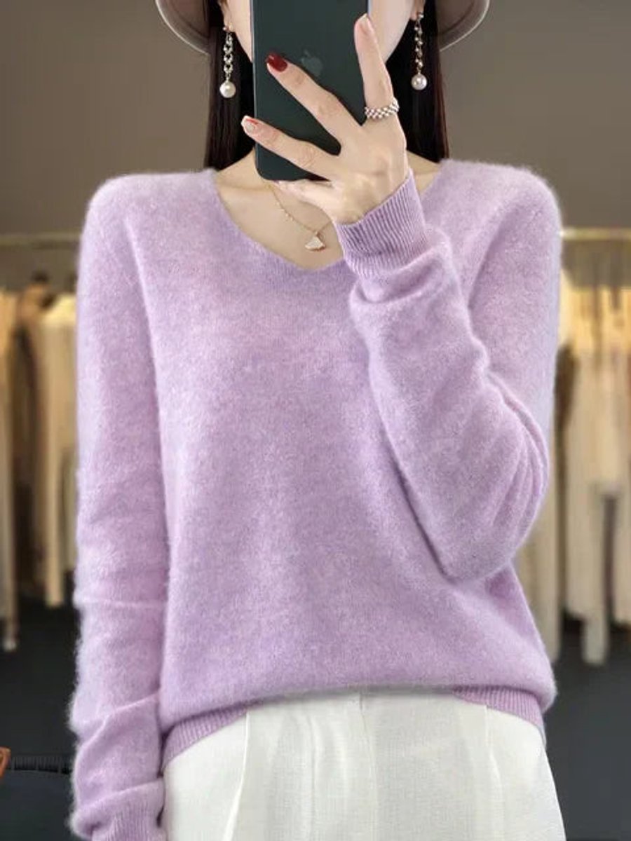 Women's Merino Wool V-Neck Long Sleeve Knitted Sweater