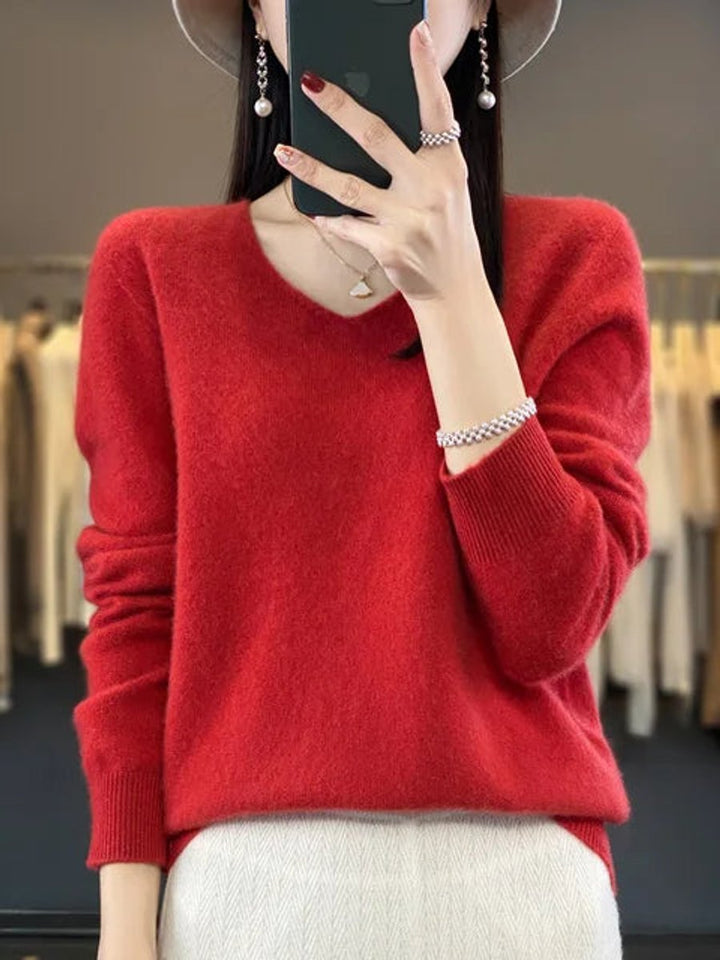 Women's Merino Wool V-Neck Long Sleeve Knitted Sweater