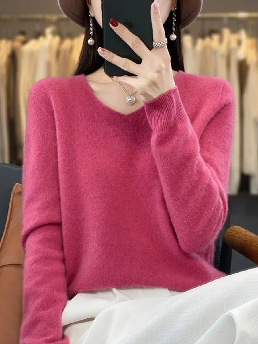 Women's Merino Wool V-Neck Long Sleeve Knitted Sweater