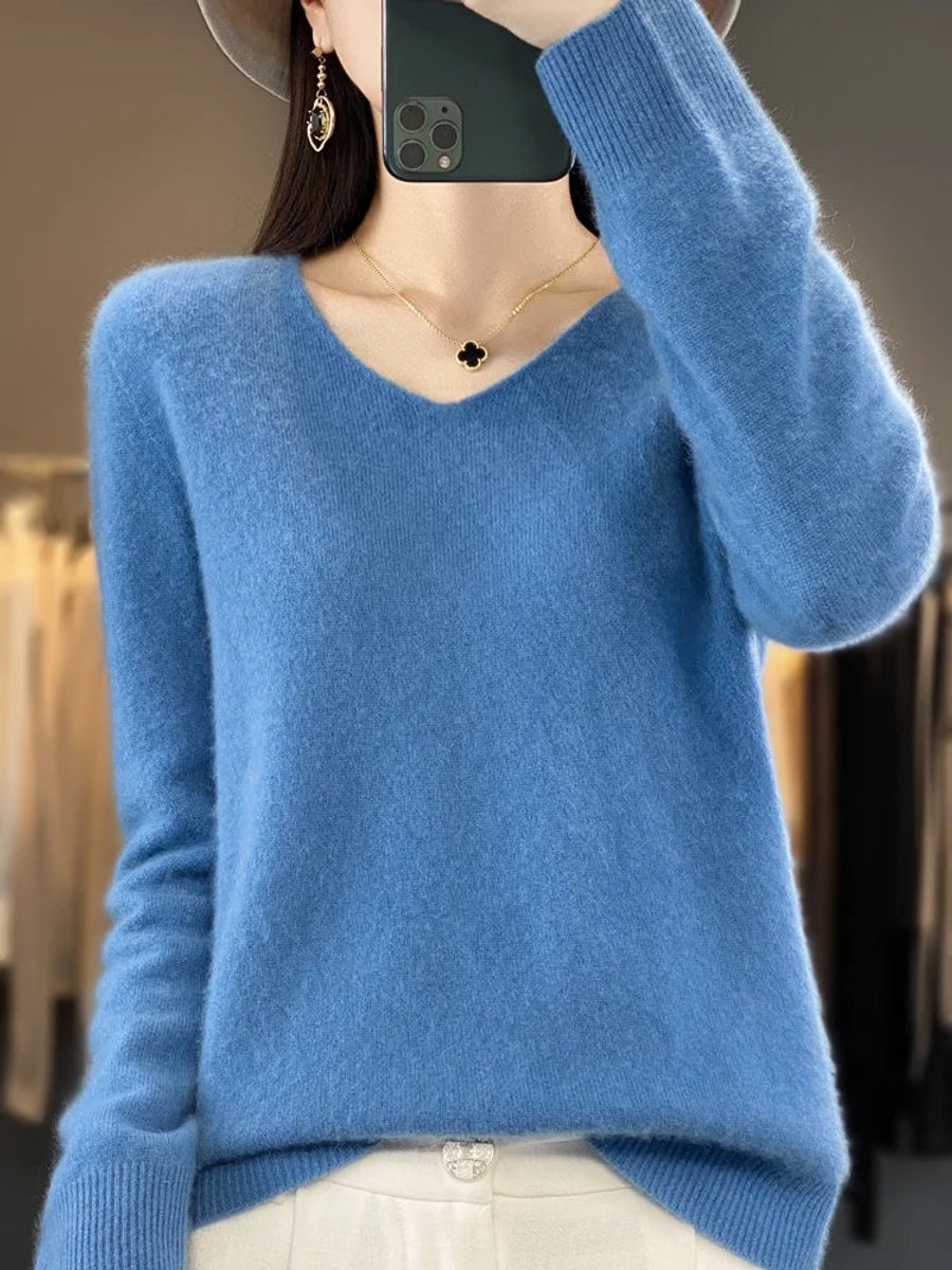 Women's Merino Wool V-Neck Long Sleeve Knitted Sweater
