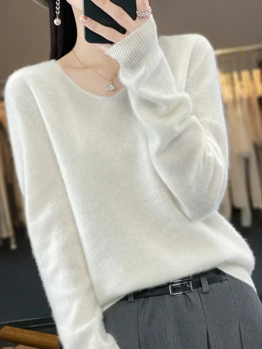 Women's Merino Wool V-Neck Long Sleeve Knitted Sweater