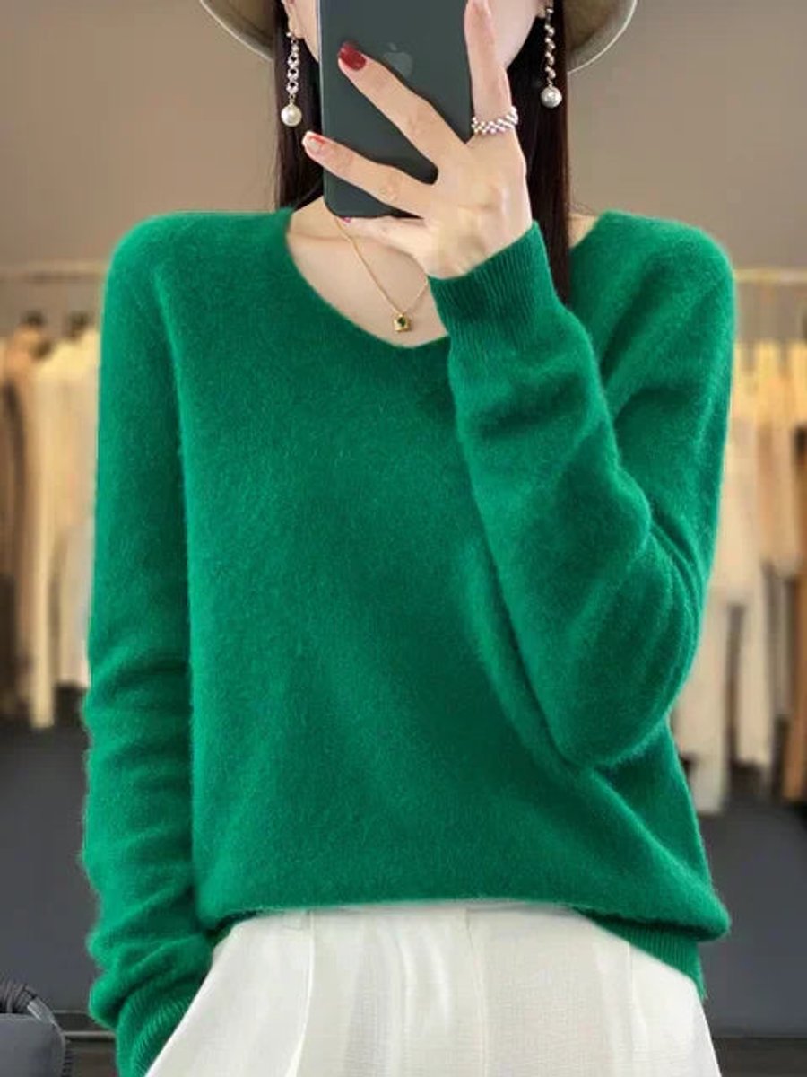 Women's Merino Wool V-Neck Long Sleeve Knitted Sweater